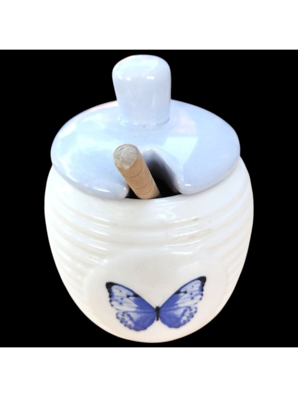 English Tableware Co Honey Pot Blue Butterfly Ceramic Jar Lid Wood Dipper